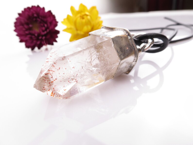 Namibia Brandberg Africa Rock crystal point Pendant Clear Natural crystal Set in 925 Sterling Silver with red hematite inclusions