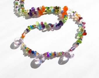 Rainbow necklace colorful gems natural untreated undyed gemstones Amethyst drops labradorite tourmaline Handmade unique piece