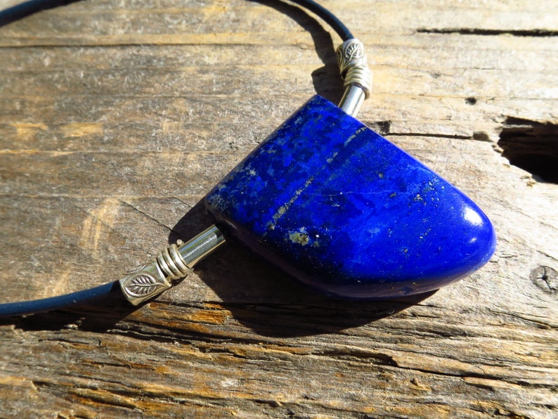 Kingblue lapis lazuli pendant Natural gemstone handmade hand cut 925 Sterling silverclasp necklace leather cord unique jewelry piece unisex