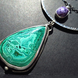 Malachite Pendant Silver Malachite Necklace Silver Charoite Malachite Silver Pendant Gemstone Malachite Necklace Green Stone Necklace Silver