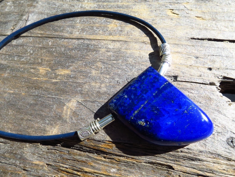 Kingblue lapis lazuli pendant Natural gemstone handmade hand cut 925 Sterling silverclasp necklace leather cord unique jewelry piece unisex