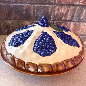 Vintage hand painted ceramic blueberry pie dish keeper plate with lid kitchen decor 60s made in Portugal over and back inc