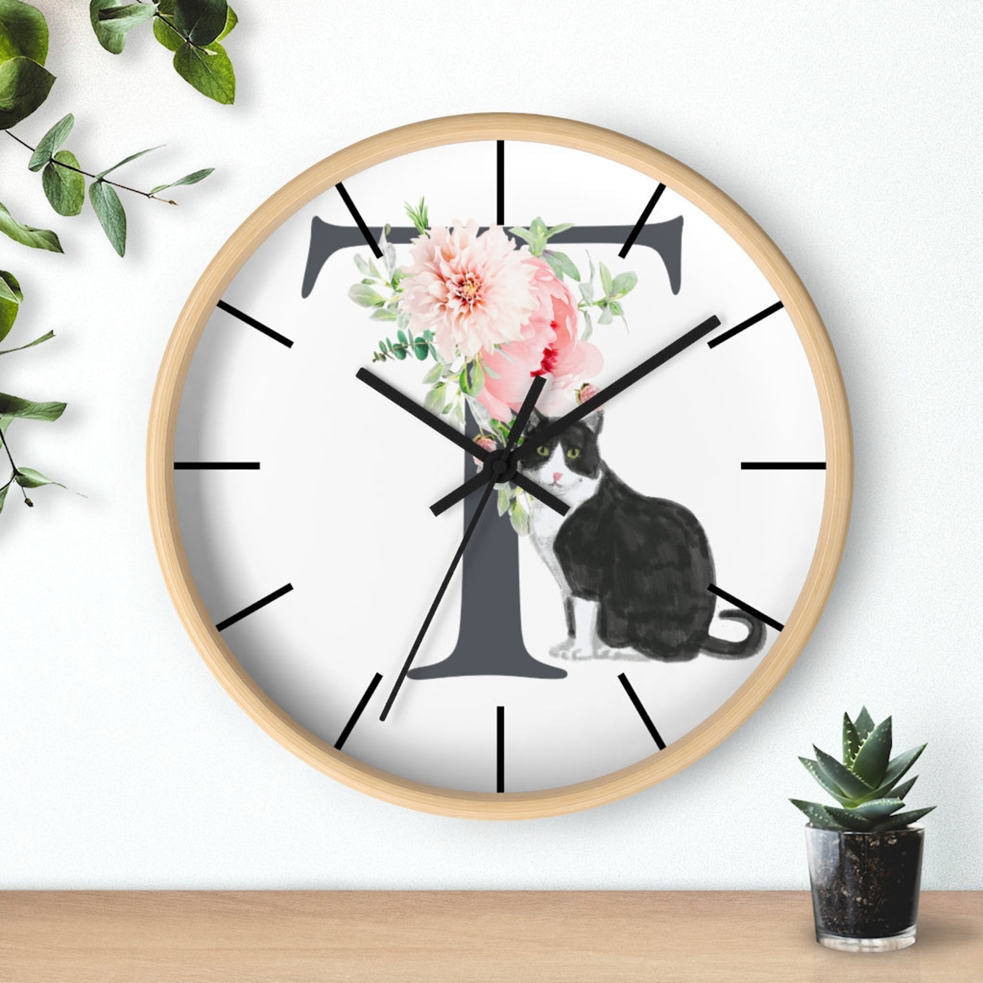 Black and White Tuxedo Cat Alphabet Wall clock