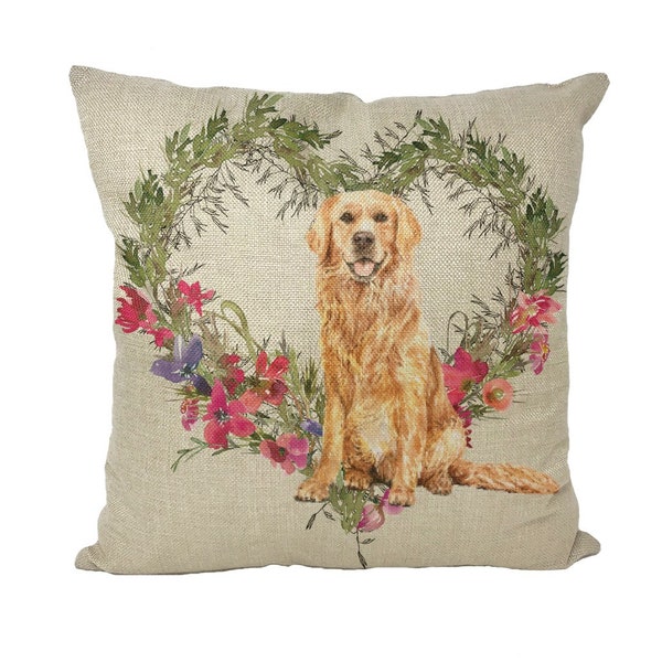 Golden Retriever Sitting Heart Wreath Throw Pillow Cover
