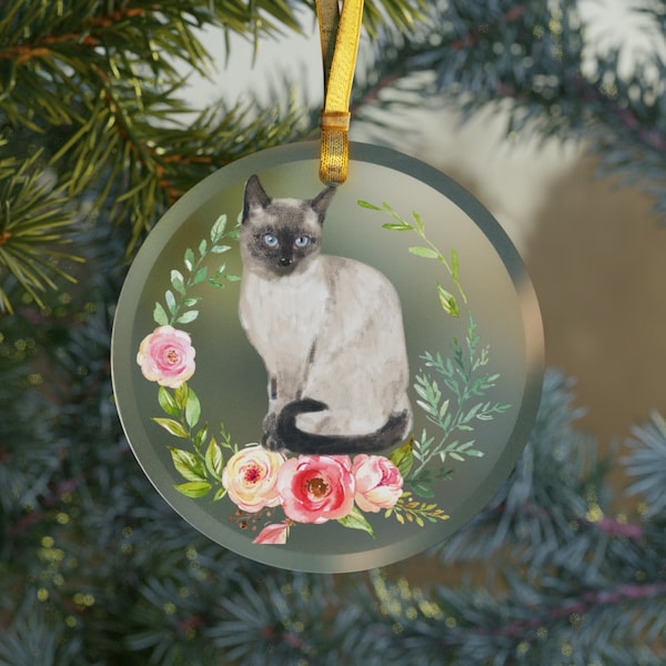 Siamese Cat Wreath Glass Ornament, Keepsake, Stocking Stuffer