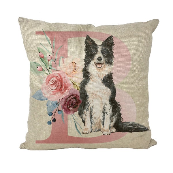 Country Rose Alphabet Border Collie Throw Pillow Cover