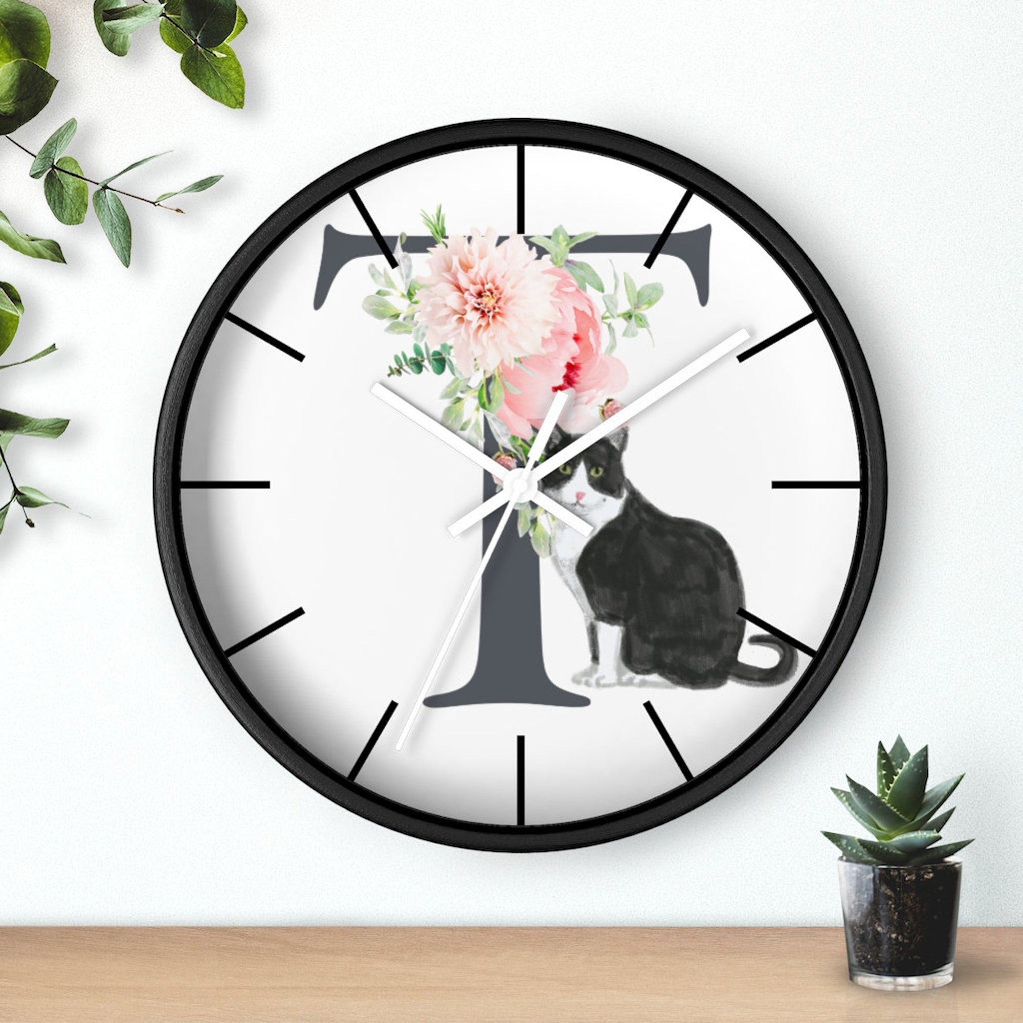 Black and White Tuxedo Cat Alphabet Wall clock