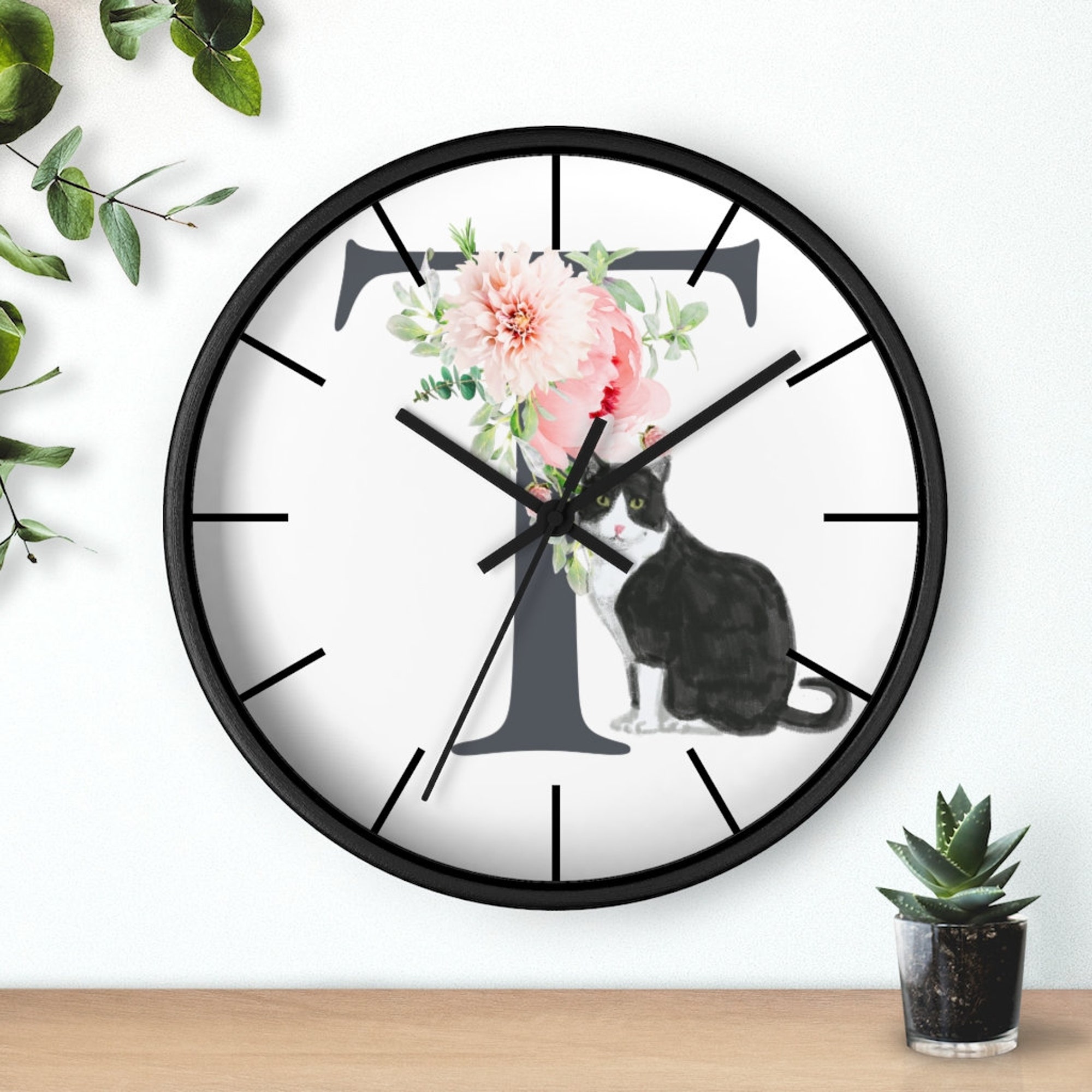 Black and White Tuxedo Cat Alphabet Wall clock