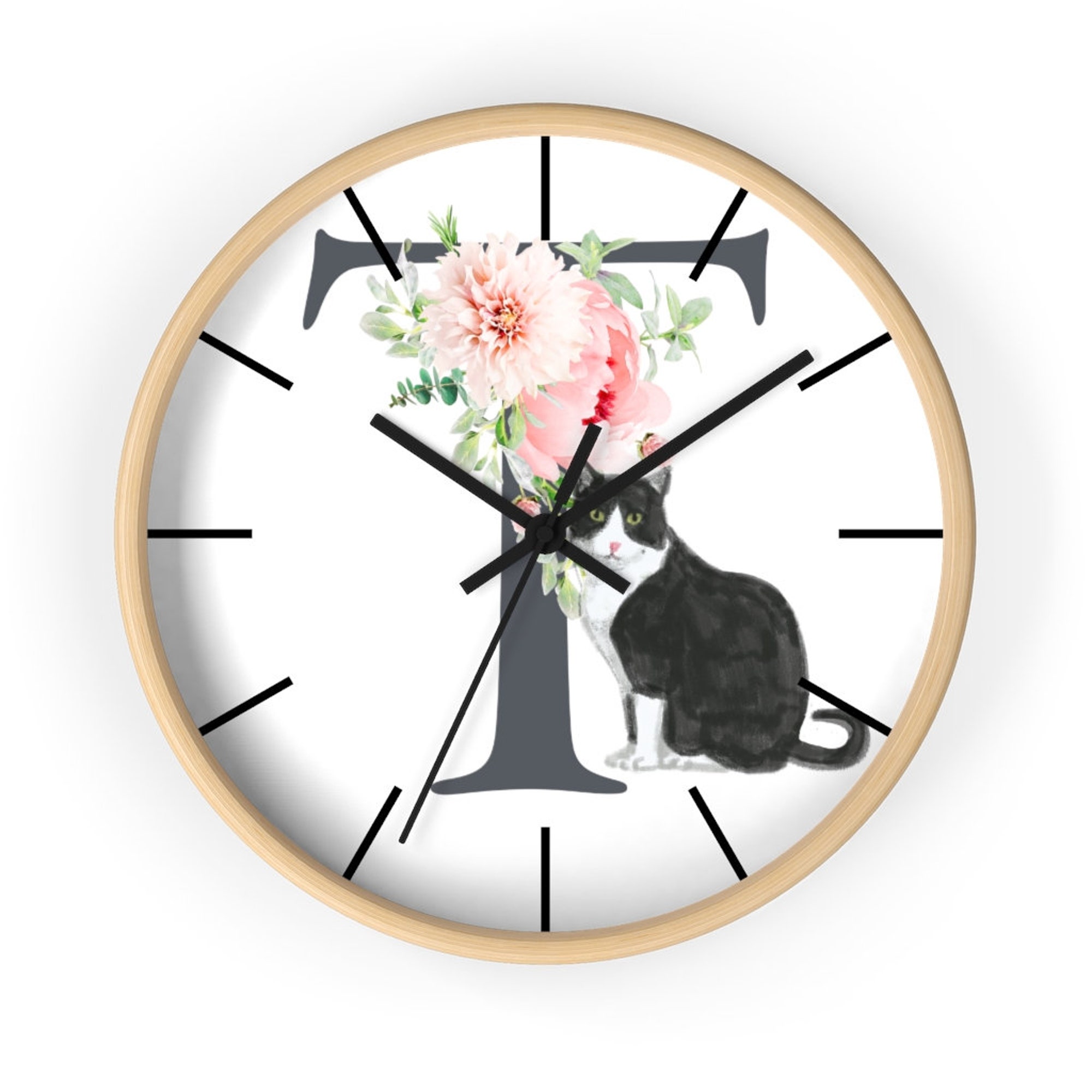 Black and White Tuxedo Cat Alphabet Wall clock