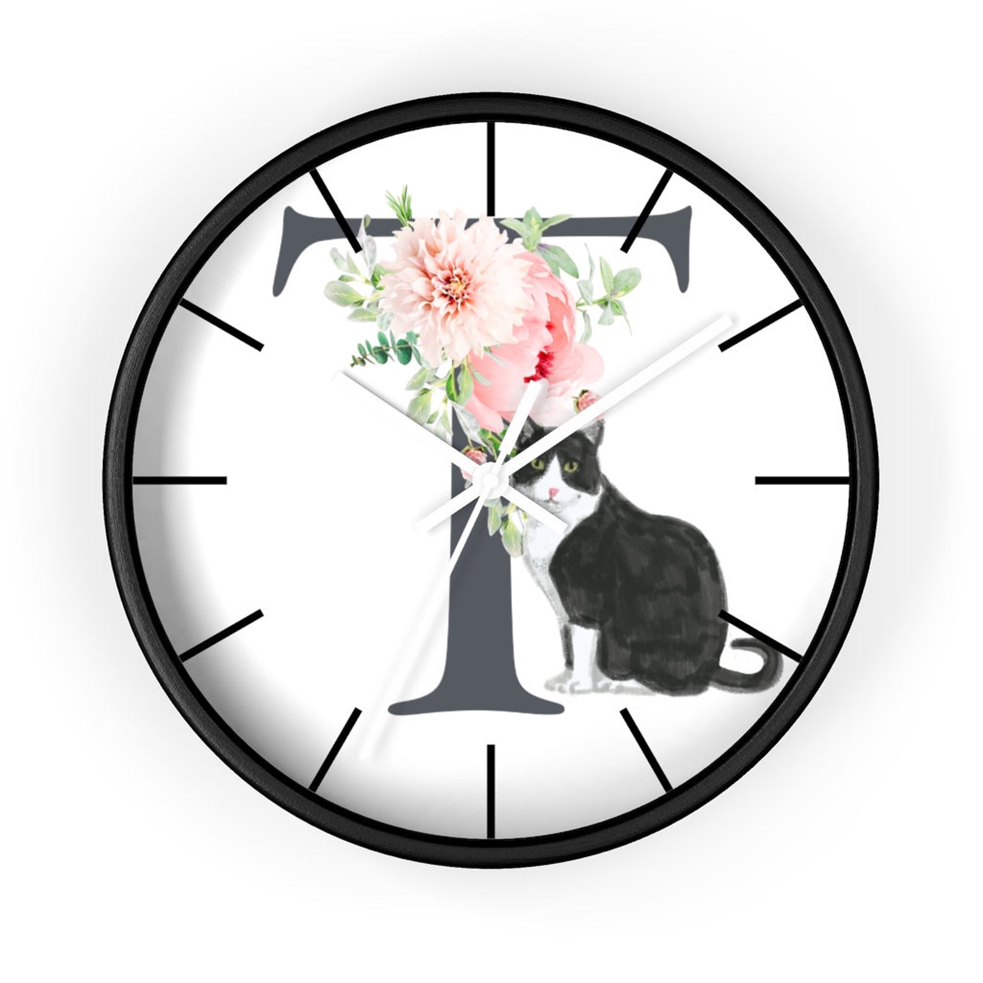 Black and White Tuxedo Cat Alphabet Wall clock