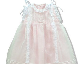 Baptism baby dress white off silk organza and ligth pink, with beautiful laces! Sleeveless. Christening baby gown, special occasion, wedding