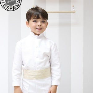 White Ringbearer outfit with waist belt. Boy special occasion wear in white and beige. Boys weeding outfit, made in best quality fabrics