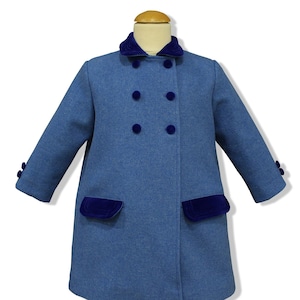 French blue double breasted children wool coat, with royal blue velvet ornaments. Totally unisex, English model children coat authentic wool