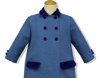 French blue double breasted children wool coat, with royal blue velvet ornaments. Totally unisex, English model children coat authentic wool