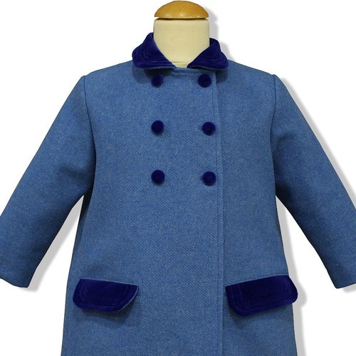 French blue double breasted children wool coat, with royal blue velvet ornaments. Totally shops unisex, English model children coat authentic wool