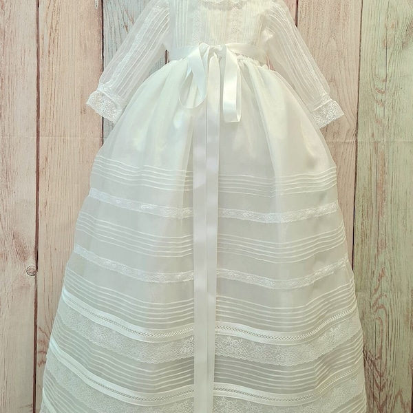 White Organza Christening skirt with tucks and lace. Long sleeve. Hood included. Classic Spanish baptismal gown handmade