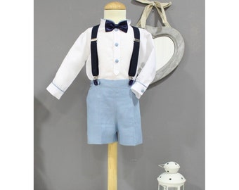 Boys linen suit. Beautiful ring bearer outfit. Boy special occasion wear in linen. Boys weeding outfit, bow tie. Suspenders (separately)