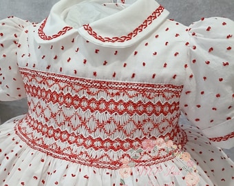 Smocking dress handmade in Spain, high quality baby smocked dress. Front and back smocked dresses,red swiss dots voile cotton dotted dress.