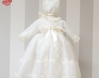 Baby Baptism gown made in ivory organza and lace. Matching bonnet included. Classic baby christening dress made in Spain. Long Sleeves