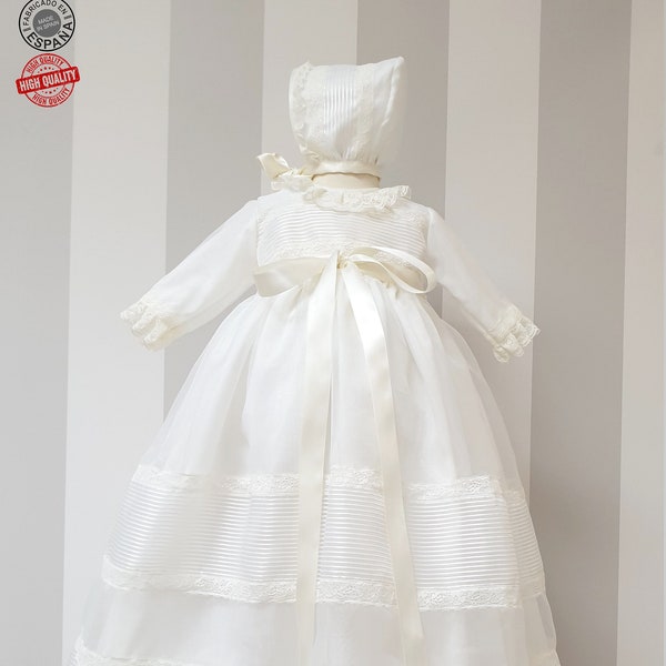 Baby Baptism gown made in ivory organza and lace. Matching bonnet included. Classic baby christening dress made in Spain. Long Sleeves