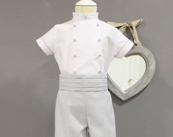 Boys wedding suit. Beautiful ring bearer outfit. Boy special occasion wear in pique. Boys weeding outfit, bow tie. Made In white and grey