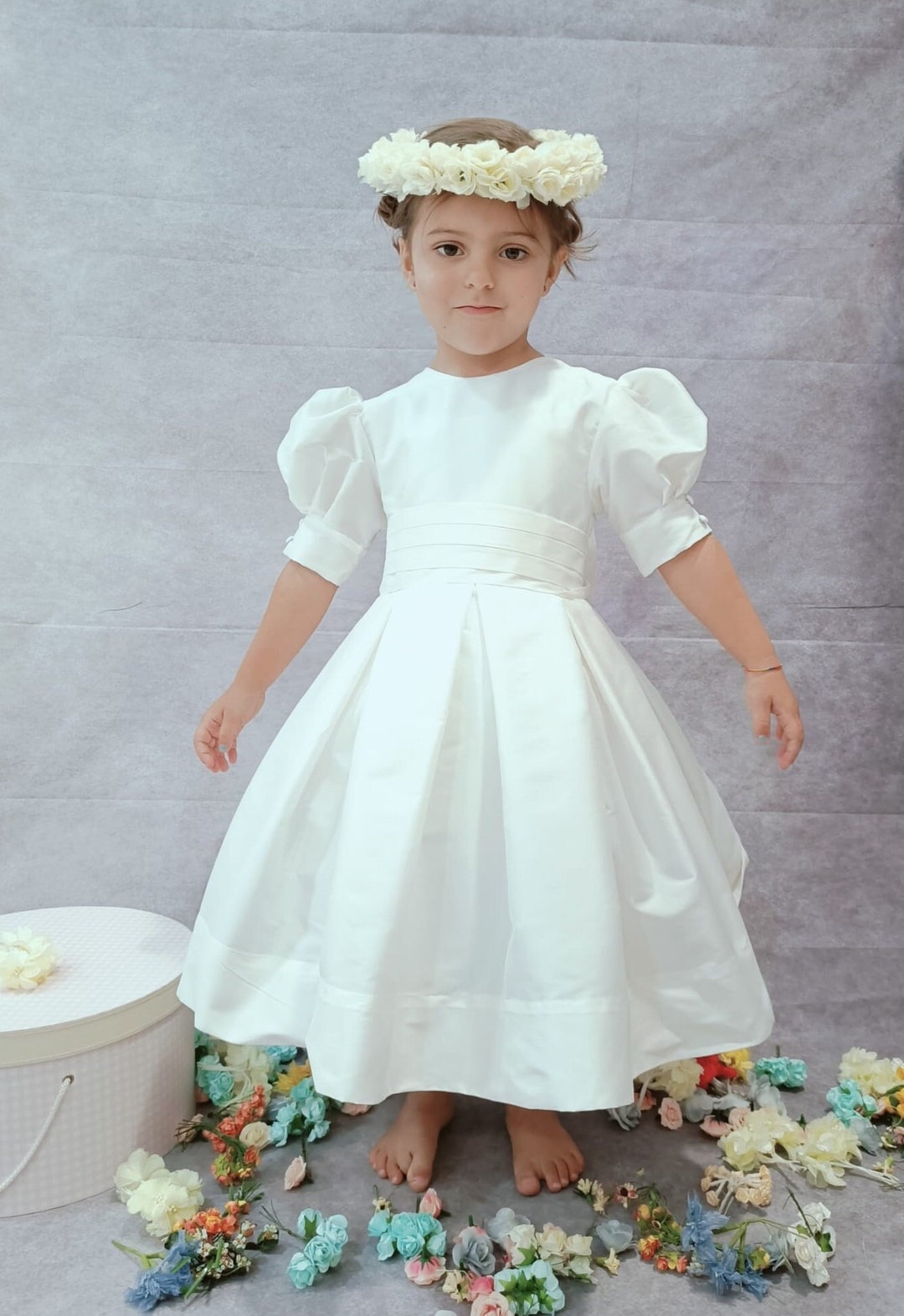 T length Flower Girl Dress Classic Ivory Silk With Beige Silk Sash and Big Bow. Very Puffy Sleeves. Under Petticoat girl Wedding Dress Etsy