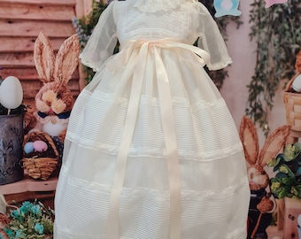 Baby Baptism gown made in ivory organza and lace. Matching bonnet included. Classic baby christening dress made in Spain. Long Sleeves