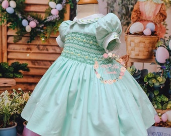 Smocking dress handmade in Spain, high quality baby smocked Front  and back smocked dresses, mint luxury cotton
