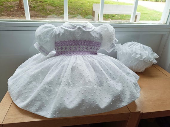 Front and Back Girl's Smocking Dress Made in Swiss Ivory Cotton