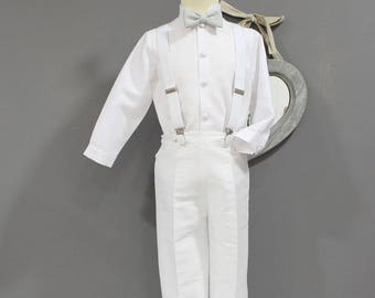 White christening ringbearer outfit toddler boys... whole white color with bow tie and suspenders.boys wedding outfit.White baptism outfit