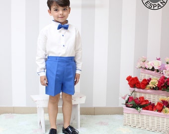 Ring bearer outfits, boy royal blue suit Boy shorts with bow tie.Shirt Boy linen suit Wedding boy formal suit.Special occasions boys clothes