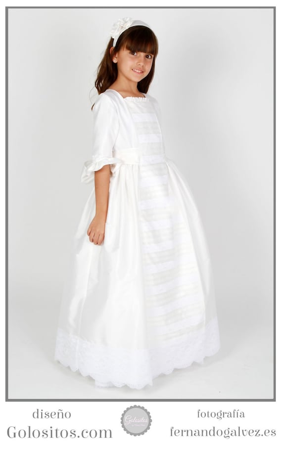 Vestido de Comunion Seda Taffeta Blanco roto manga francesa. | Etsy México