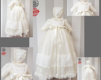 Baby Baptism gown made in ivory organza and lace. Matching bonnet included. Classic baby christening dress made in Spain with matching hat