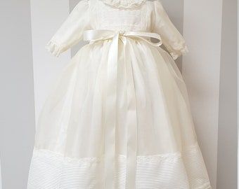 Baby Baptism gown made in ivory organza and lace. Matching bonnet included. Classic baby christening dress made in Spain with matching hat