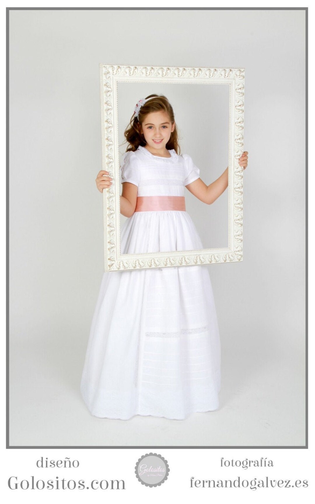 First Communion Linen Dress Pink Silk Sash. White Lace in All the