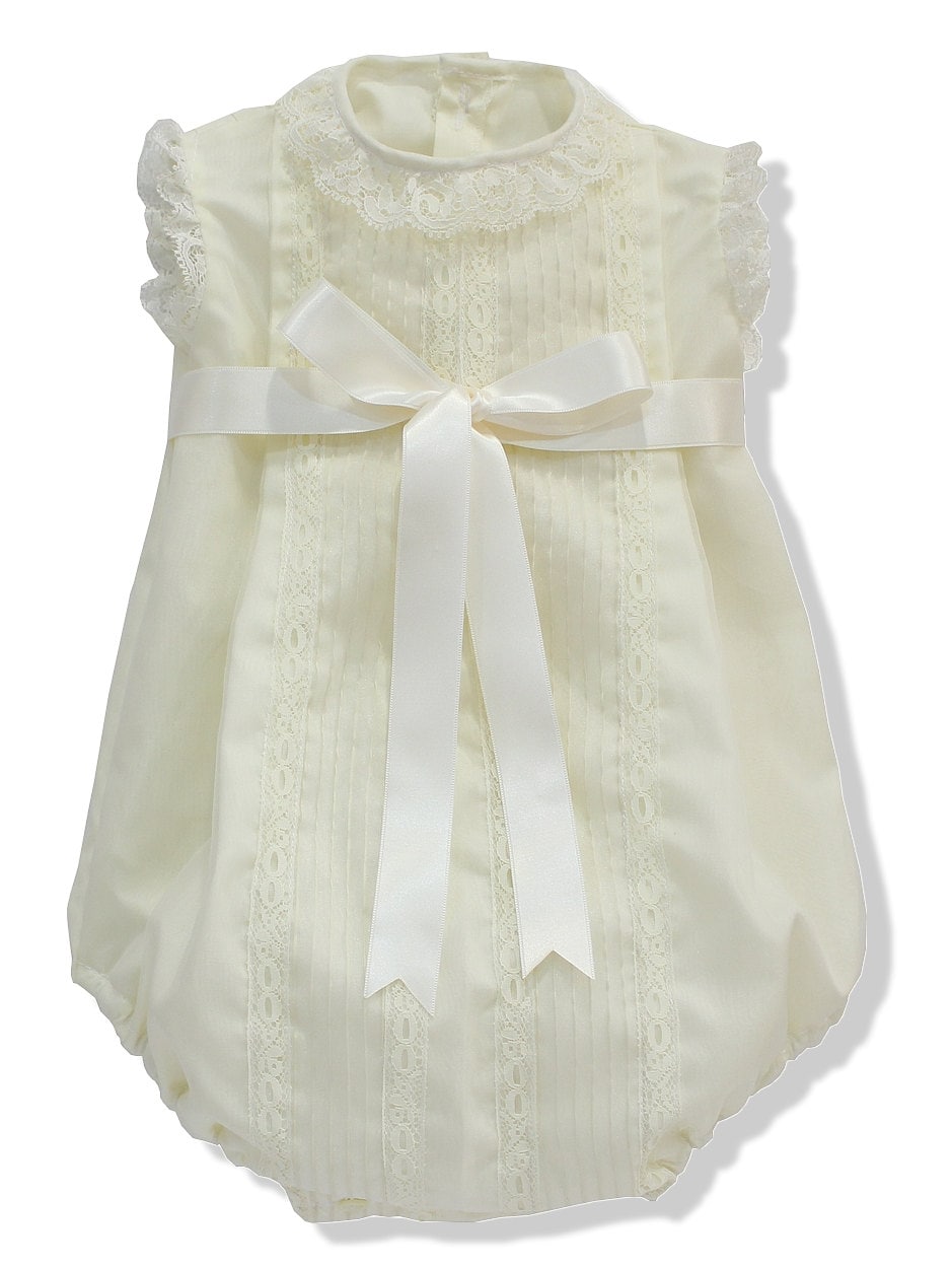 Silk organza ivory shortie-romper, special for baptism, special occasions. Ivory laces, ribbon bow in the front