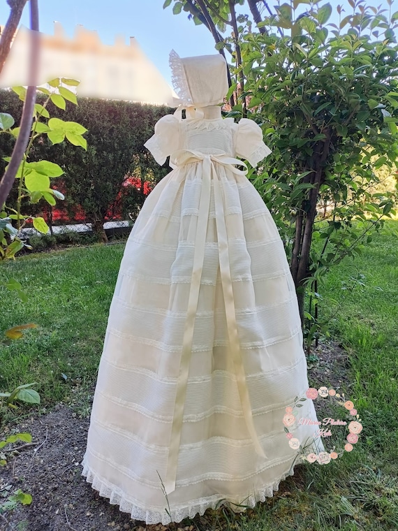 Amazing Extra Long Baptism Gown Made in Spain, Ivory Organza, Ivory Lace. with BONNET. Family Heirloom. Spanish chirstening Extra Long Gown