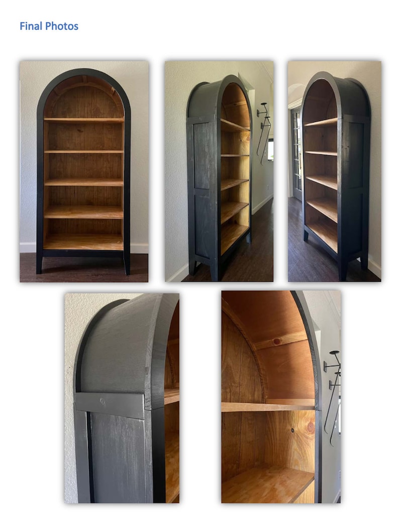 K&ouml;nnte beinhalten: Ein schwarzes, gew&ouml;lbtes B&uuml;cherregal mit vier Regalbrettern. Die Regalbretter sind aus Holz und in einem hellen Braunton gebeizt. Das B&uuml;cherregal steht auf einem Holzboden.