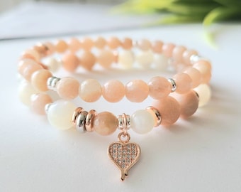 Set of 2 Bracelets in moonstones-mother-of-pearl of pearl-charm heart set with cubics of pink color gold-handmade -gift woman