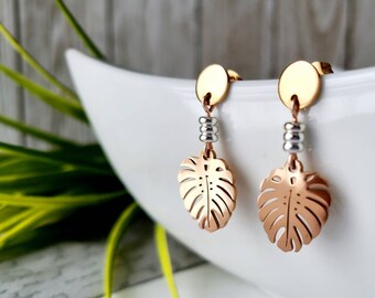 Philodendron Monstera leaf earrings-gift for women-plant lovers-handmade jewelry-made in Quebec-pink steel