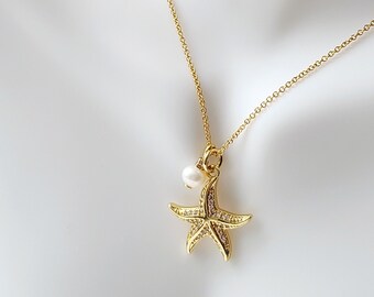 14k gold filled necklace - starfish and freshwater pearl - starfish - set with cubics - women's gift - girl's gift handmade in Quebec