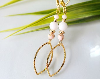 Earrings in natural white Jade stones-handmade in Quebec-gift woman-gold steel-hypo allergenic