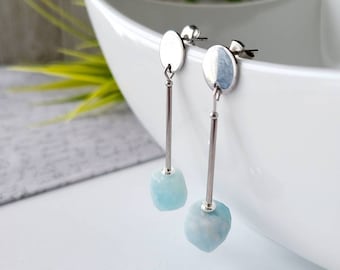 Earring in Natural Aquamarine- faceted- cube- handmade -gift woman- stones of the month of March