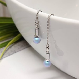 Chain earrings, iridescent blue Swarovski beads, 6 mm hypoallergenic stainless steel handmade in Quebec Quebec jewelry