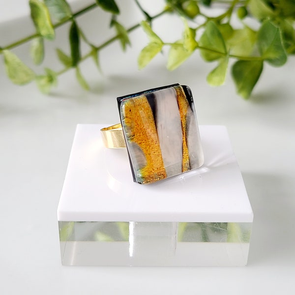 Adjustable dichroic fused glass ring- handmade in Quebec-unique piece-gift woman- gift girl