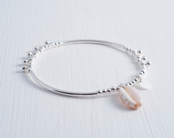 sterling silver beaded bracelet, elastic bracelet, adorable small sterling silver beads and cowrie bracelet, WANDER often WONDER always