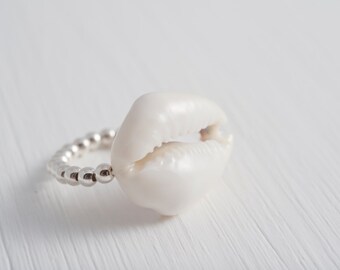 cowrie ring, sterling silver beaded ring, elastic ring, adorable small sterling silver beads and cowrie shell elastic ring, TROPICAL BREEZE