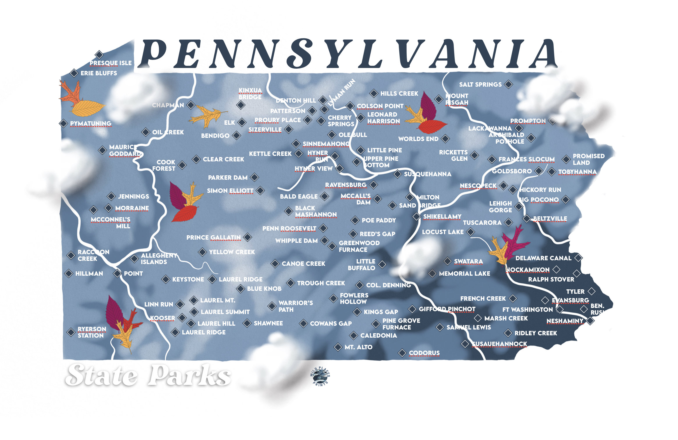 Pa State Parks Map Pennsylvania State Parks 11X17 In Art Map Print | Etsy