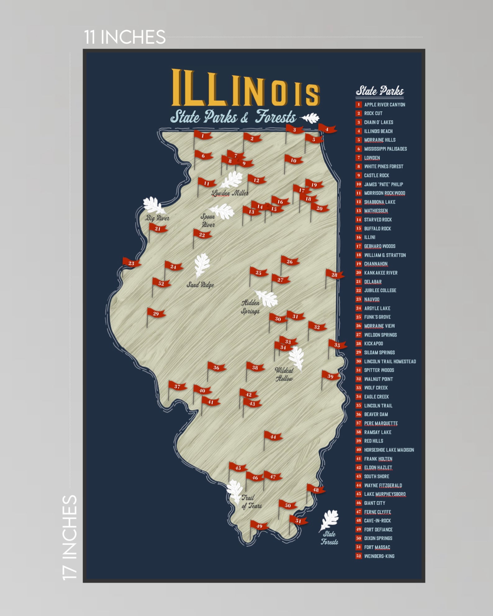 Illinois State Parks and Forest Decorative Map Print 11x17 Etsy