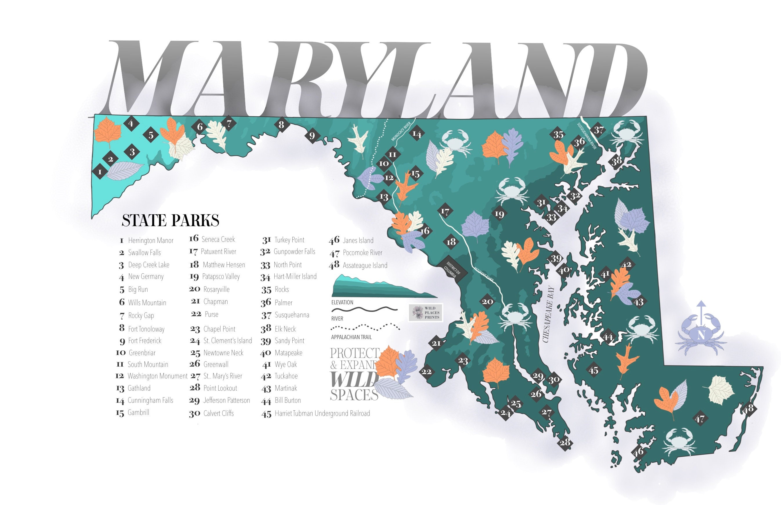 Maryland State Parks decorative map print Etsy
